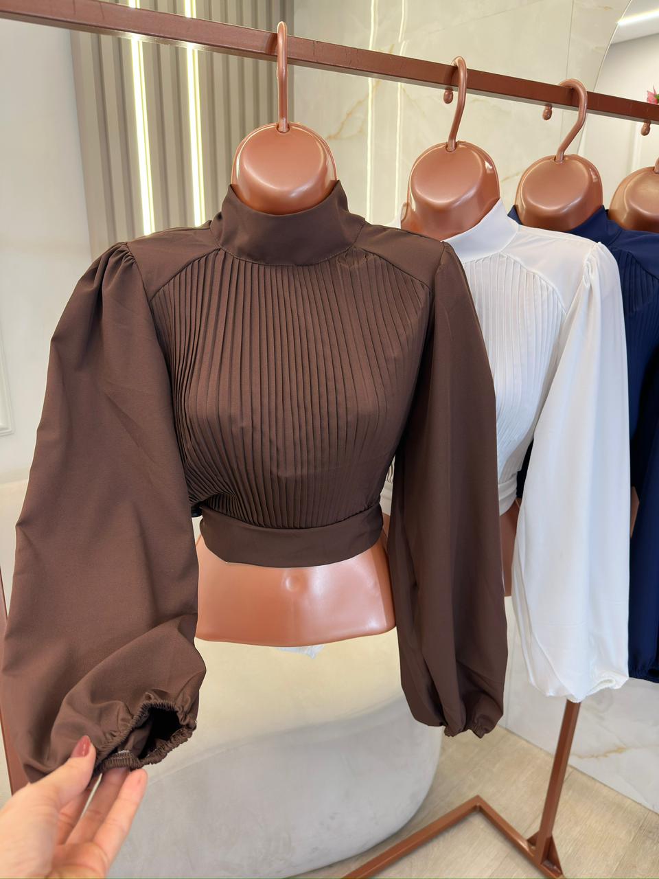 cropped gola alta plissado clara xadrez