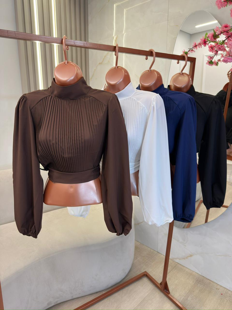cropped gola alta plissado clara xadrez