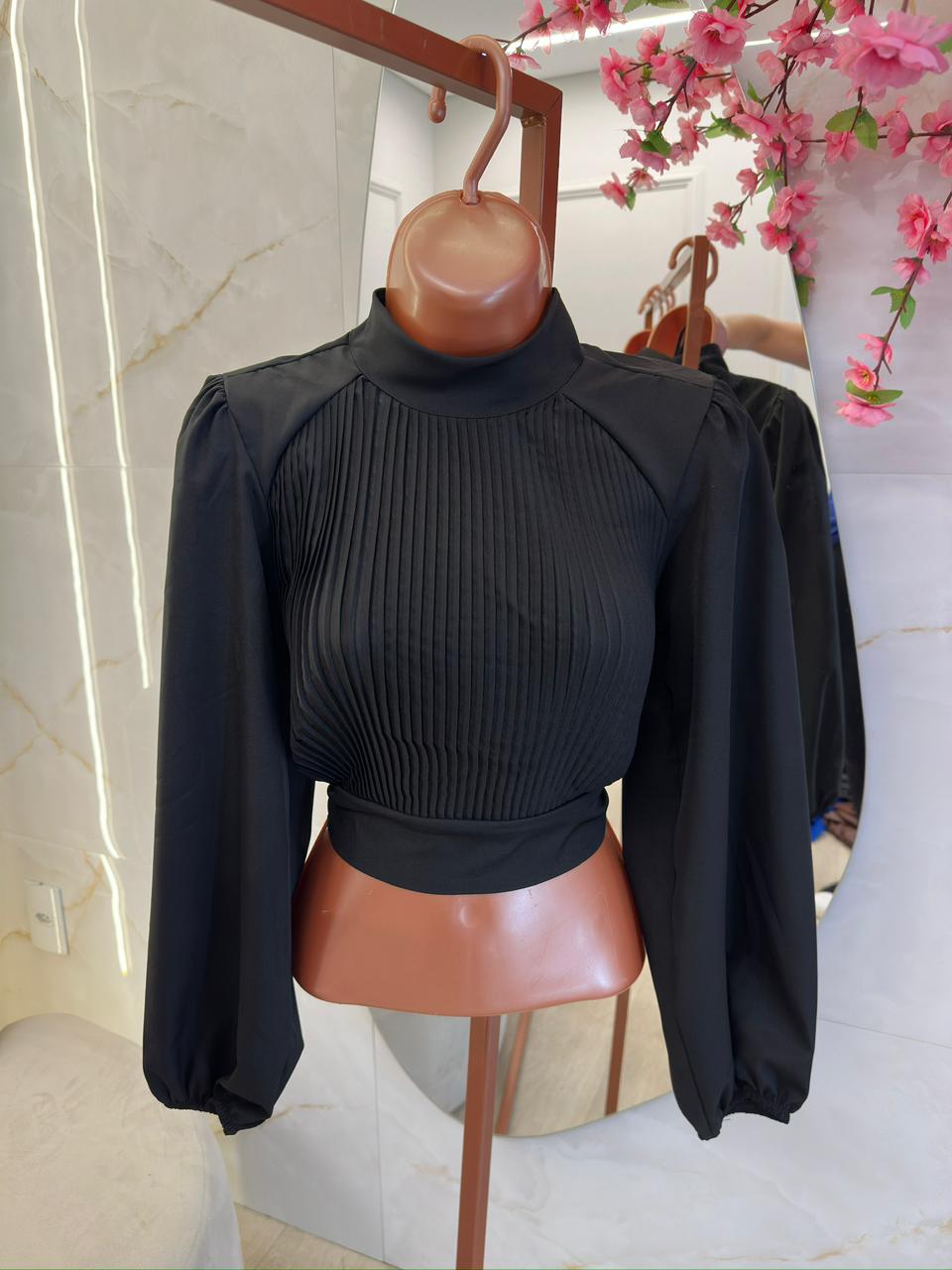 cropped gola alta plissado clara xadrez