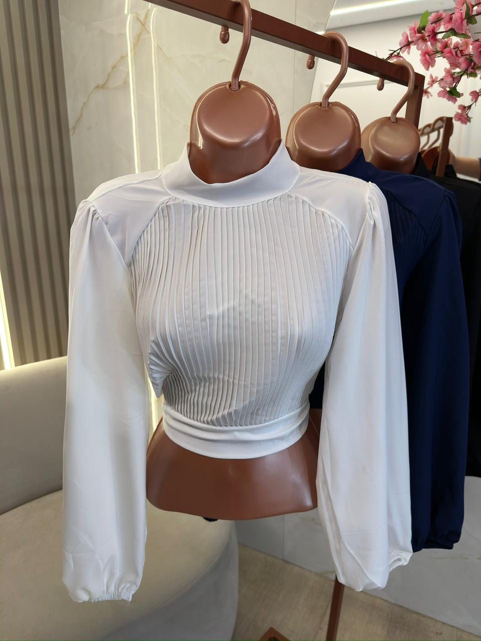 cropped gola alta plissado clara xadrez