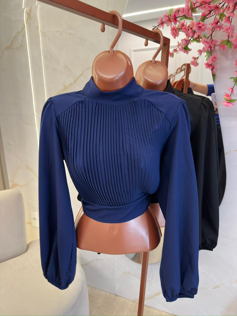 cropped gola alta plissado clara xadrez