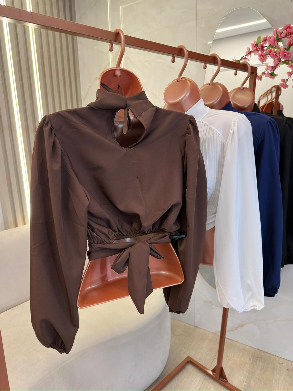 cropped gola alta plissado clara xadrez