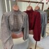 cropped gola alta plissado clara xadrez