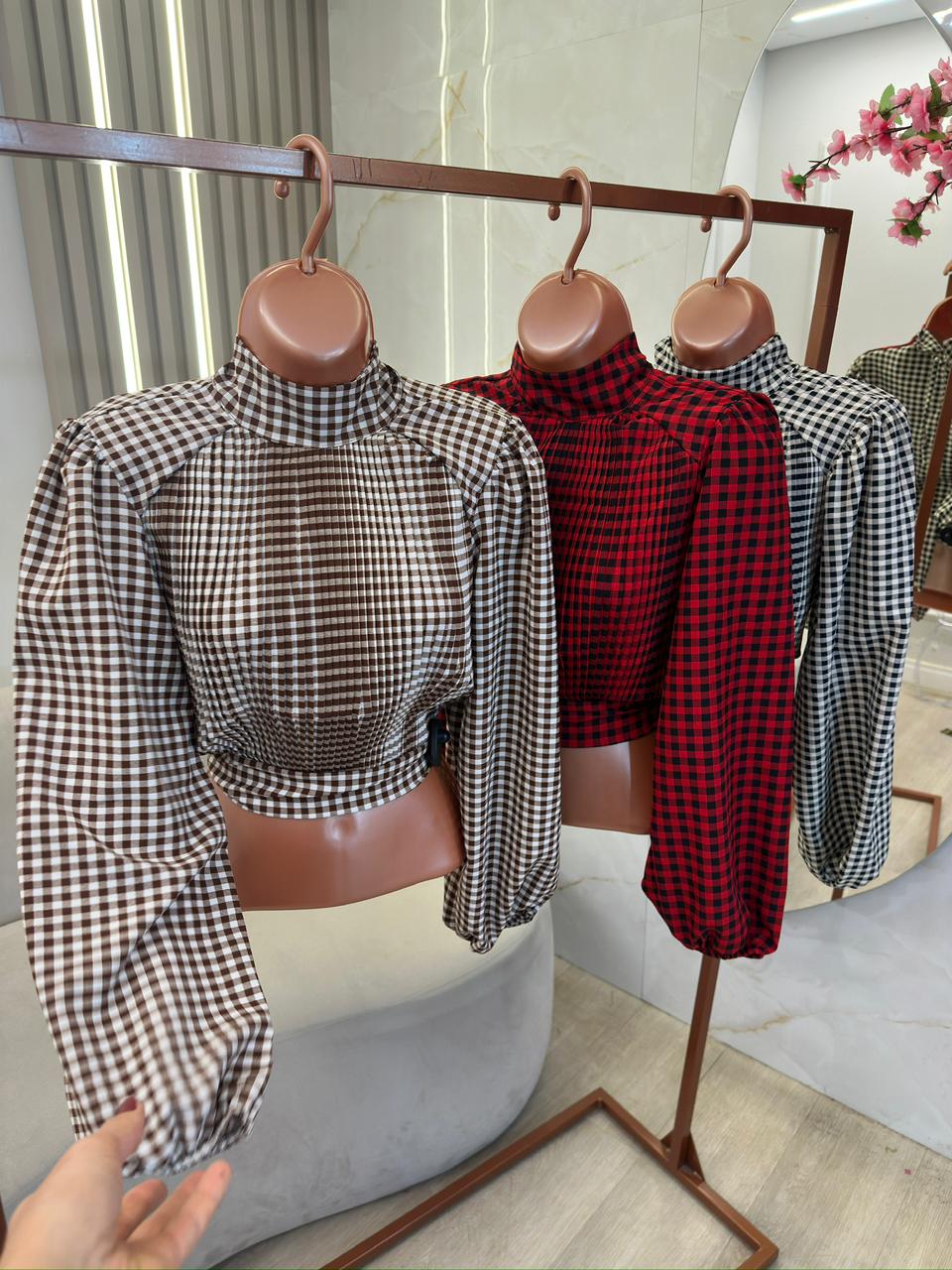 cropped gola alta plissado clara xadrez