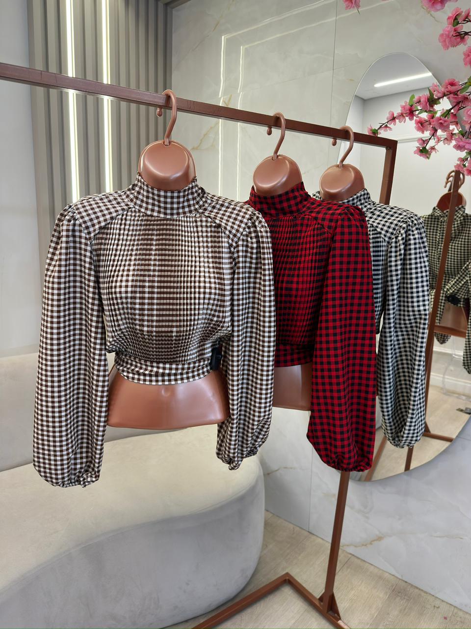 cropped gola alta plissado clara xadrez