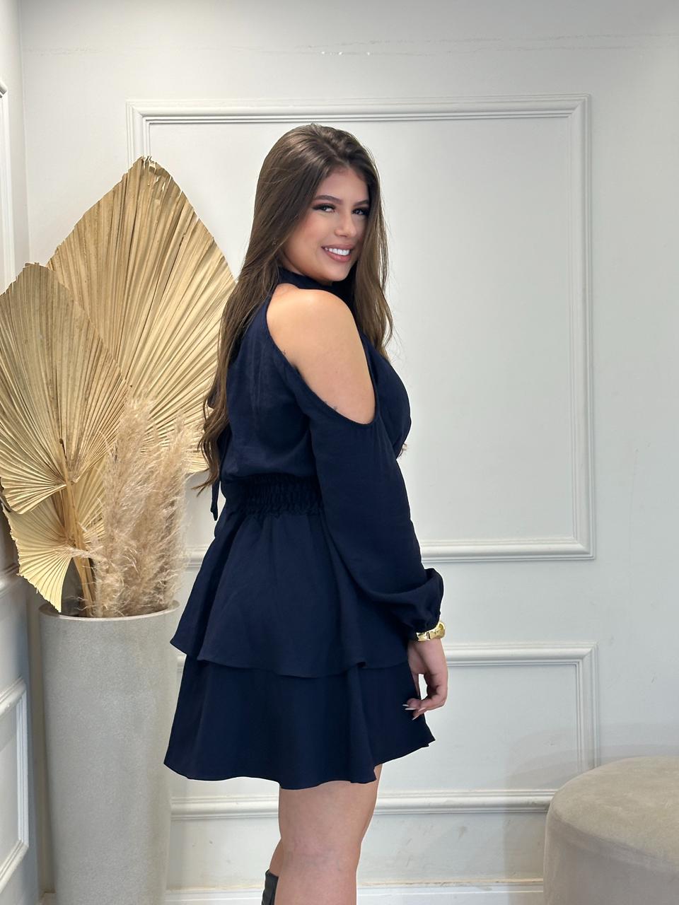 vestido curto babadinho elisa azul marinho