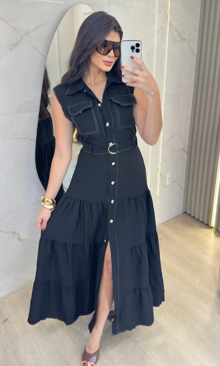 vestido mid com botÕes lorrayne preto
